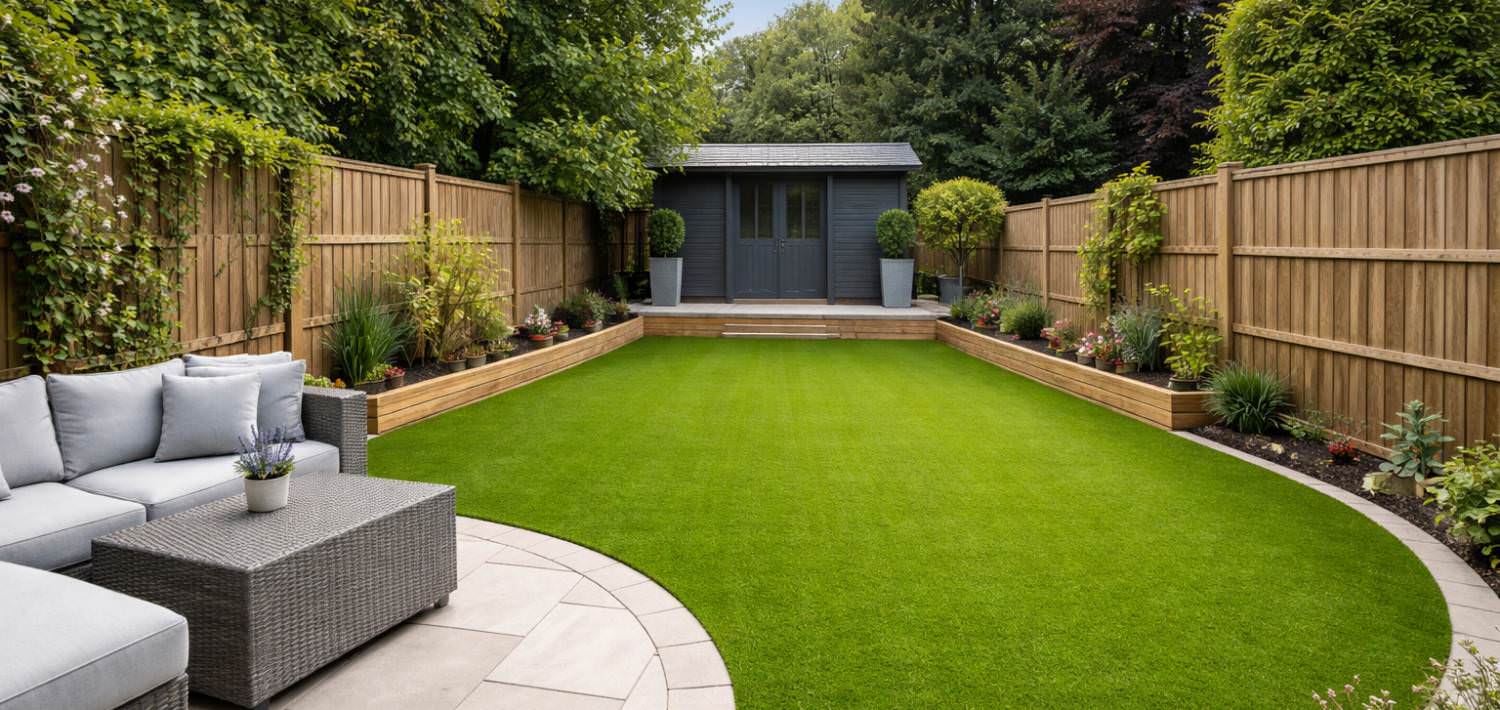 Artificial grass lawn with seating area